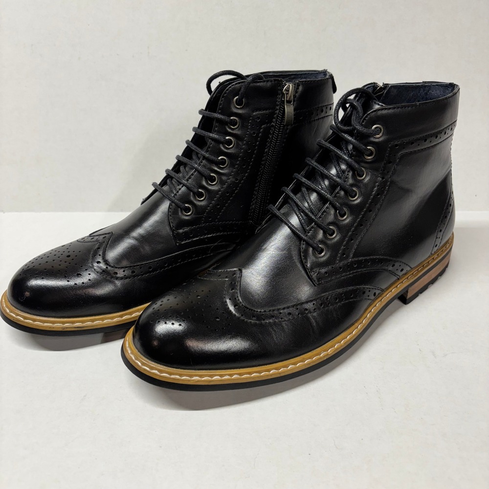 Bruno Marc Mens Bergen-01 Wingtip Boots Faux Leather Black Size 8 Side Zip Lug